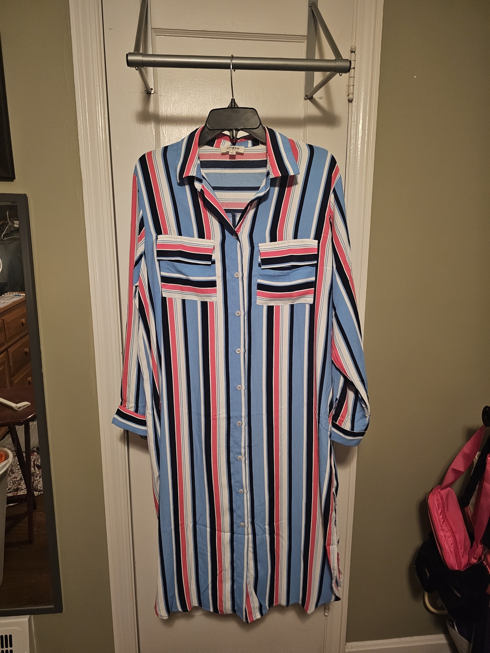Umgee Vertical Stripe Button-Down Dress - Blue, Pink & Black